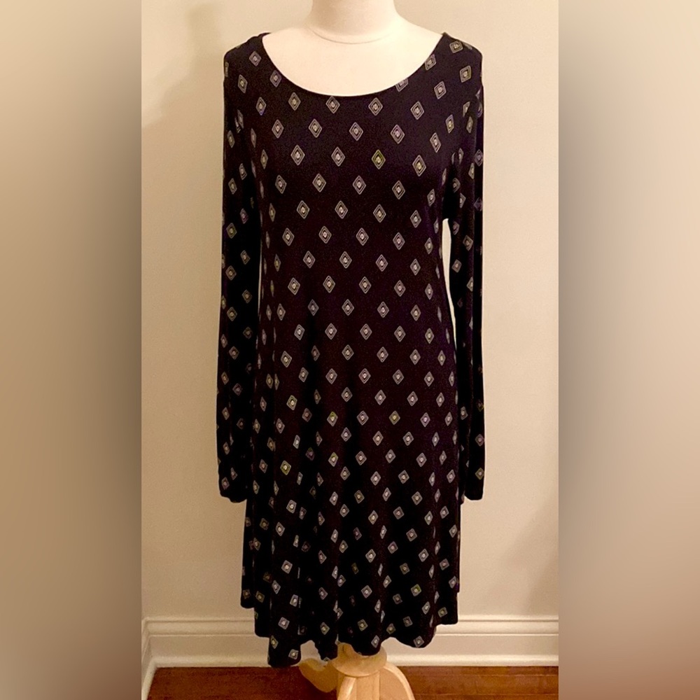 Old Navy Black White Diamond Abstract Geo Modern Work Casual Knit Swing Dress L